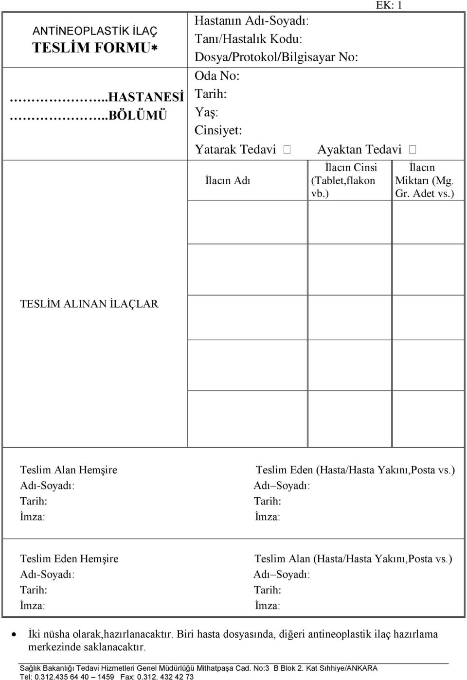 Ġlacın Cinsi (Tablet,flakon vb.) Ġlacın Miktarı (Mg. Gr. Adet vs.