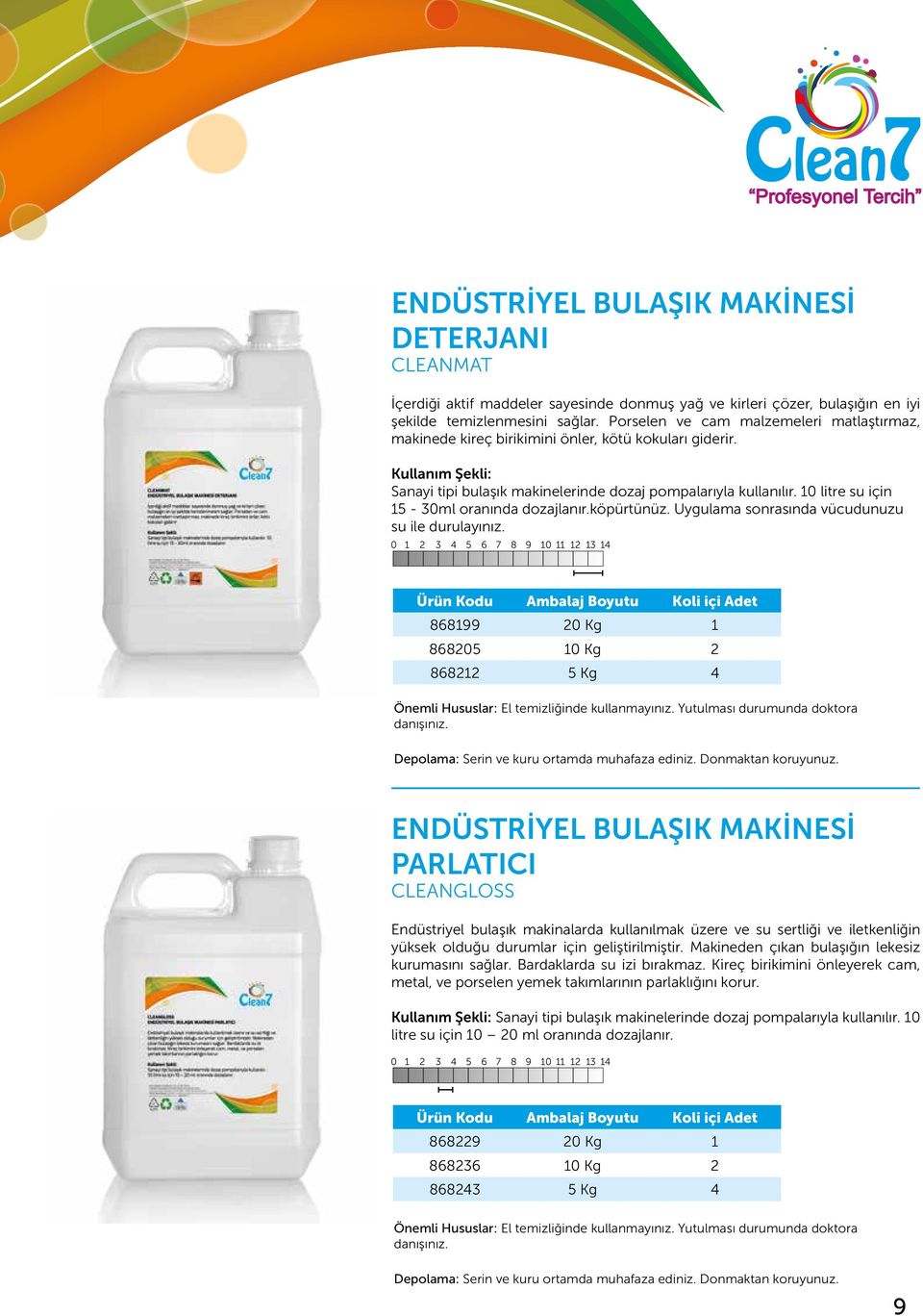 10 litre su için 15-30ml oranında dozajlanır.köpürtünüz. Uygulama sonrasında vücudunuzu su ile durulayınız. 868199 20 Kg 1 868205 10 Kg 2 868212 5 Kg 4 Önemli Hususlar: El temizliğinde kullanmayınız.