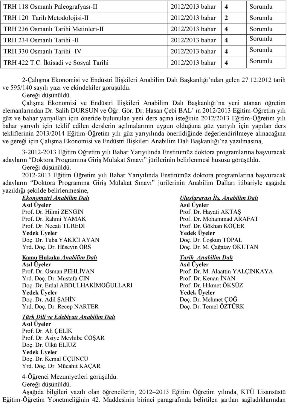 İktisadi ve Sosyal Tarihi 2012/2013 bahar 4 Sorumlu 2-Çalışma Ekonomisi ve Endüstri İlişkileri Anabilim Dalı Başkanlığı ndan gelen 27.12.2012 tarih ve 595/140 sayılı yazı ve ekindekiler görüşüldü.