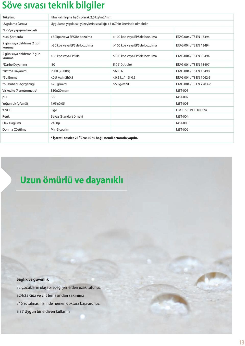 bozulma ETAG 004 / TS EN 13494 2 gün suya daldırma 7 gün kuruma >80 kpa veya EPS de >100 kpa veya EPS de bozulma ETAG 004 / TS EN 13494 *Darbe Dayanımı I10 I10 (10 Joule) ETAG 004 / TS EN 13497