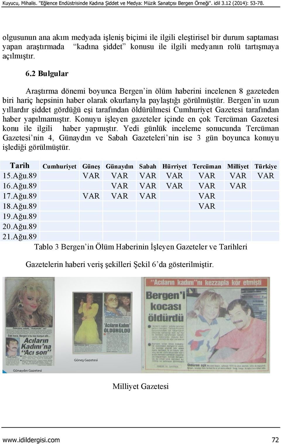2 Bulgular Araştırma dönemi boyunca Bergen in ölüm haberini incelenen 8 gazeteden biri hariç hepsinin haber olarak okurlarıyla paylaştığı görülmüştür.