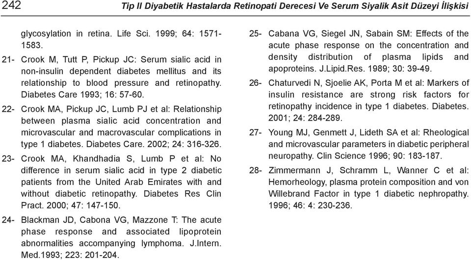 22- Crook MA, Pickup JC, Lumb PJ et al: Relationship between plasma sialic acid concentration and microvascular and macrovascular complications in type 1 diabetes. Diabetes Care. 2002; 24: 316-326.