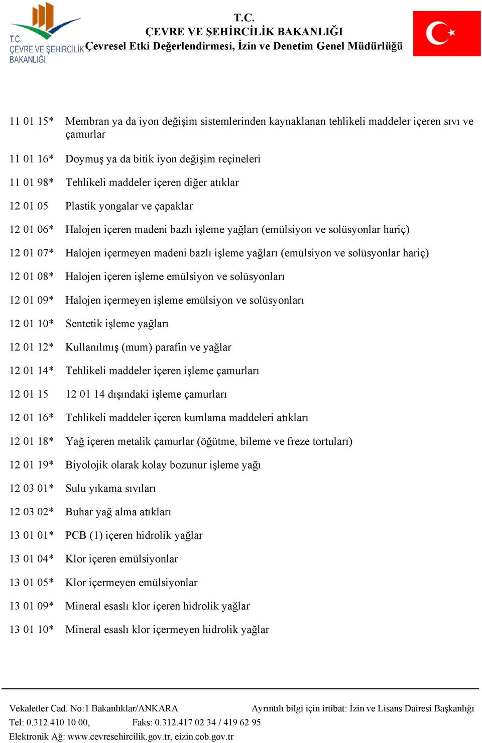 (emülsiyon ve solüsyonlar hariç) 12 01 08* Halojen içeren işleme emülsiyon ve solüsyonları 12 01 09* Halojen içermeyen işleme emülsiyon ve solüsyonları 12 01 10* Sentetik işleme yağları 12 01 12*