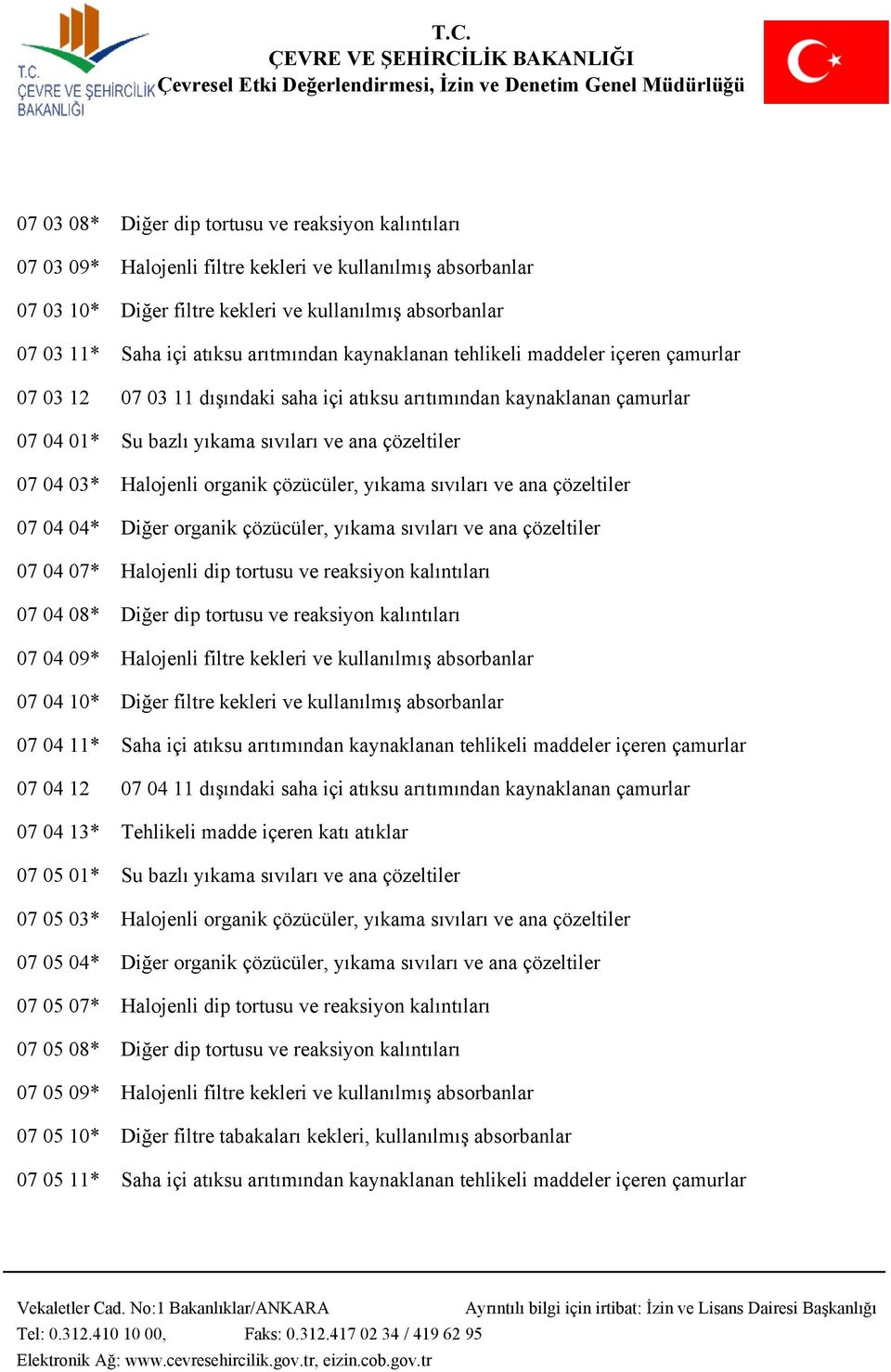 Halojenli organik çözücüler, yıkama sıvıları ve ana çözeltiler 07 04 04* Diğer organik çözücüler, yıkama sıvıları ve ana çözeltiler 07 04 07* Halojenli dip tortusu ve reaksiyon kalıntıları 07 04 08*