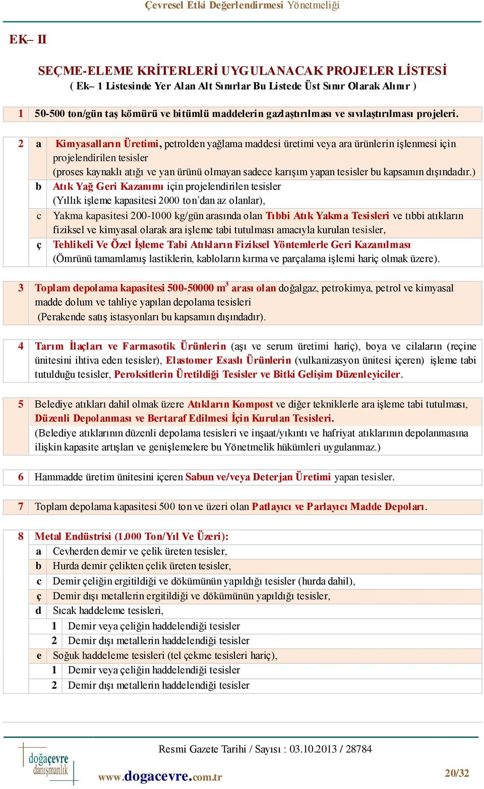 2 a Kimyasalların Üretimi, petrolden yağlama maddesi üretimi veya ara ürünlerin işlenmesi için projelendirilen tesisler (proses kaynaklı atığı ve yan ürünü olmayan sadece karışım yapan tesisler bu