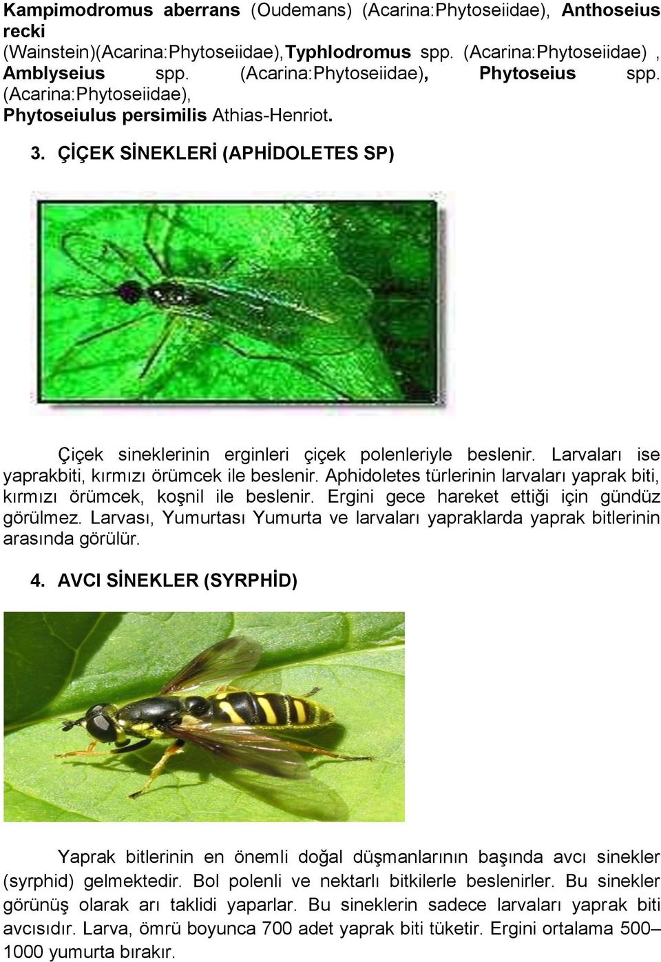 Larvaları ise yaprakbiti, kırmızı örümcek ile beslenir. Aphidoletes türlerinin larvaları yaprak biti, kırmızı örümcek, koşnil ile beslenir. Ergini gece hareket ettiği için gündüz görülmez.