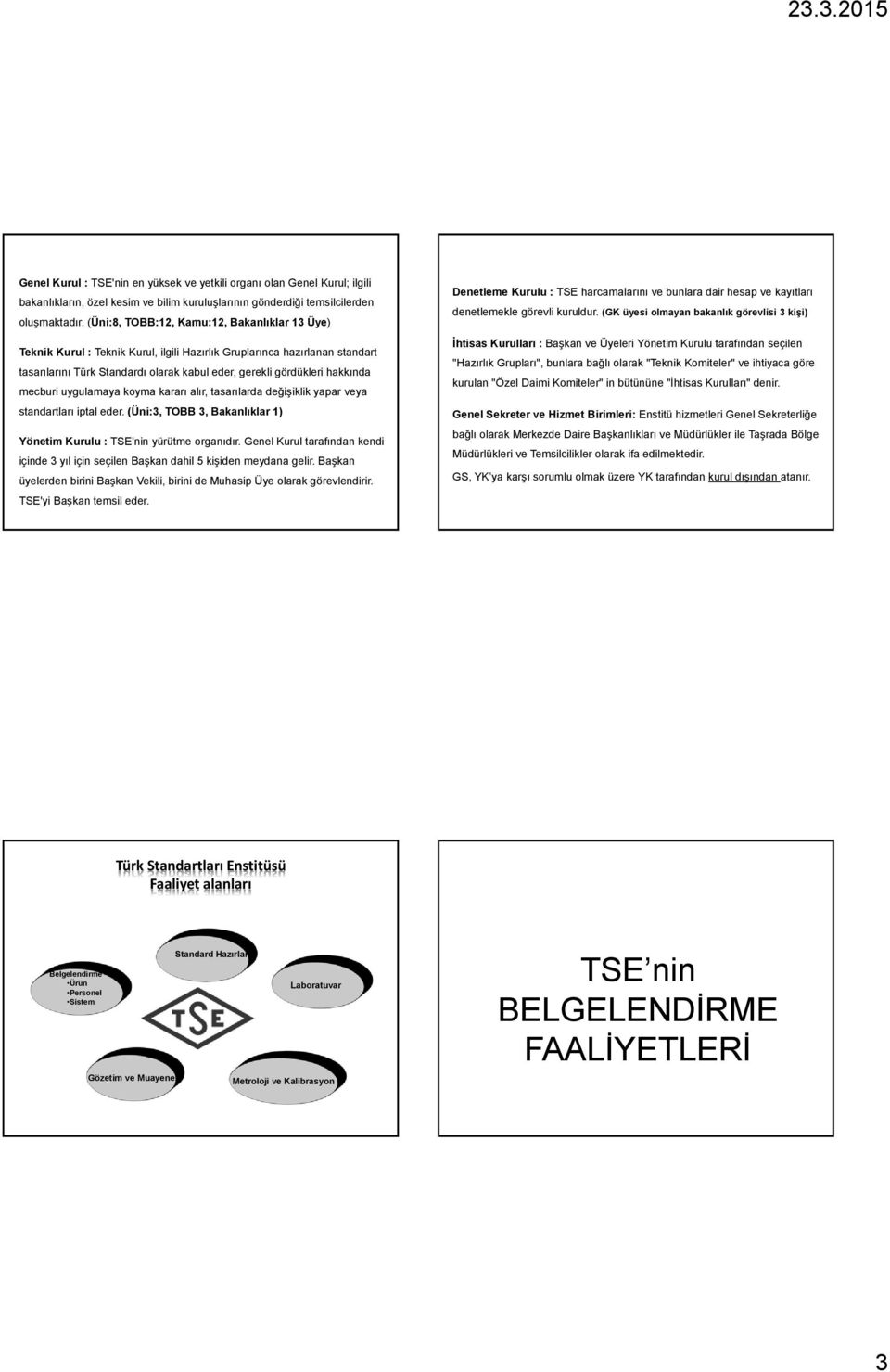 mecburi uygulamaya koyma kararı alır, tasarılarda değişiklik yapar veya standartları iptal eder. (Üni:3, TOBB 3, Bakanlıklar 1) Yönetim Kurulu : TSE'nin yürütme organıdır.