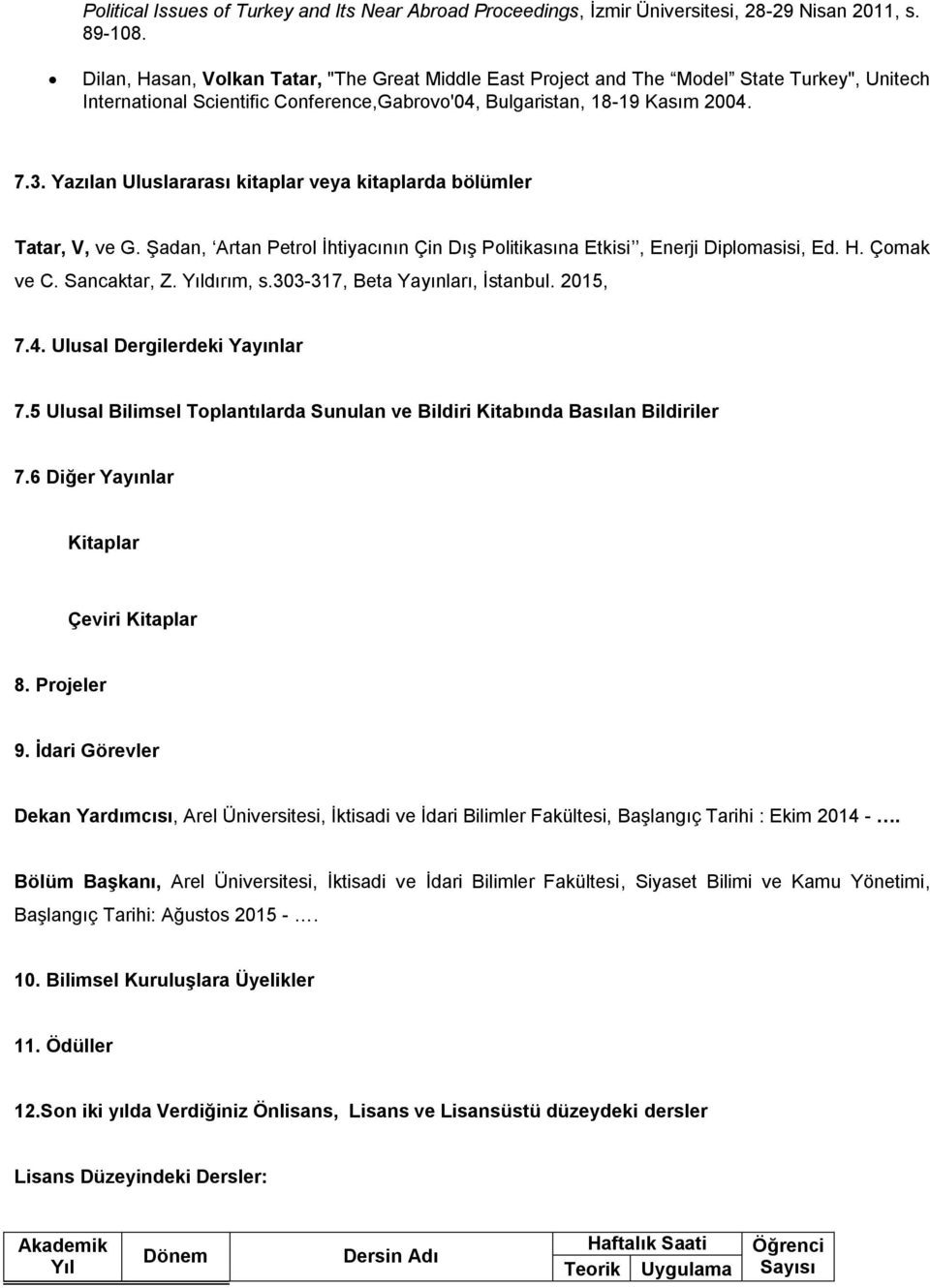 Yazılan Uluslararası kitaplar veya kitaplarda bölümler Tatar, V, ve G. Şadan, Artan Petrol İhtiyacının Çin Dış Politikasına Etkisi, Enerji Diplomasisi, Ed. H. Çomak ve C. Sancaktar, Z. dırım, s.