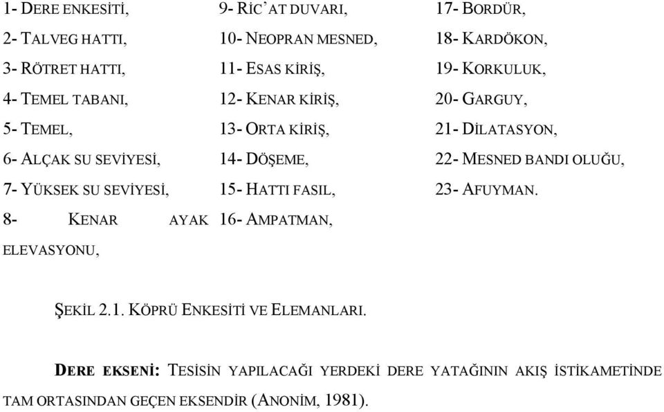 MESNED BANDI OLUĞU, 7- YÜKSEK SU SEVİYESİ, 15- HATTI FASIL, 23- AFUYMAN. 8- KENAR AYAK 16- AMPATMAN, ELEVASYONU, ŞEKİL 2.1. KÖPRÜ ENKESİTİ VE ELEMANLARI.