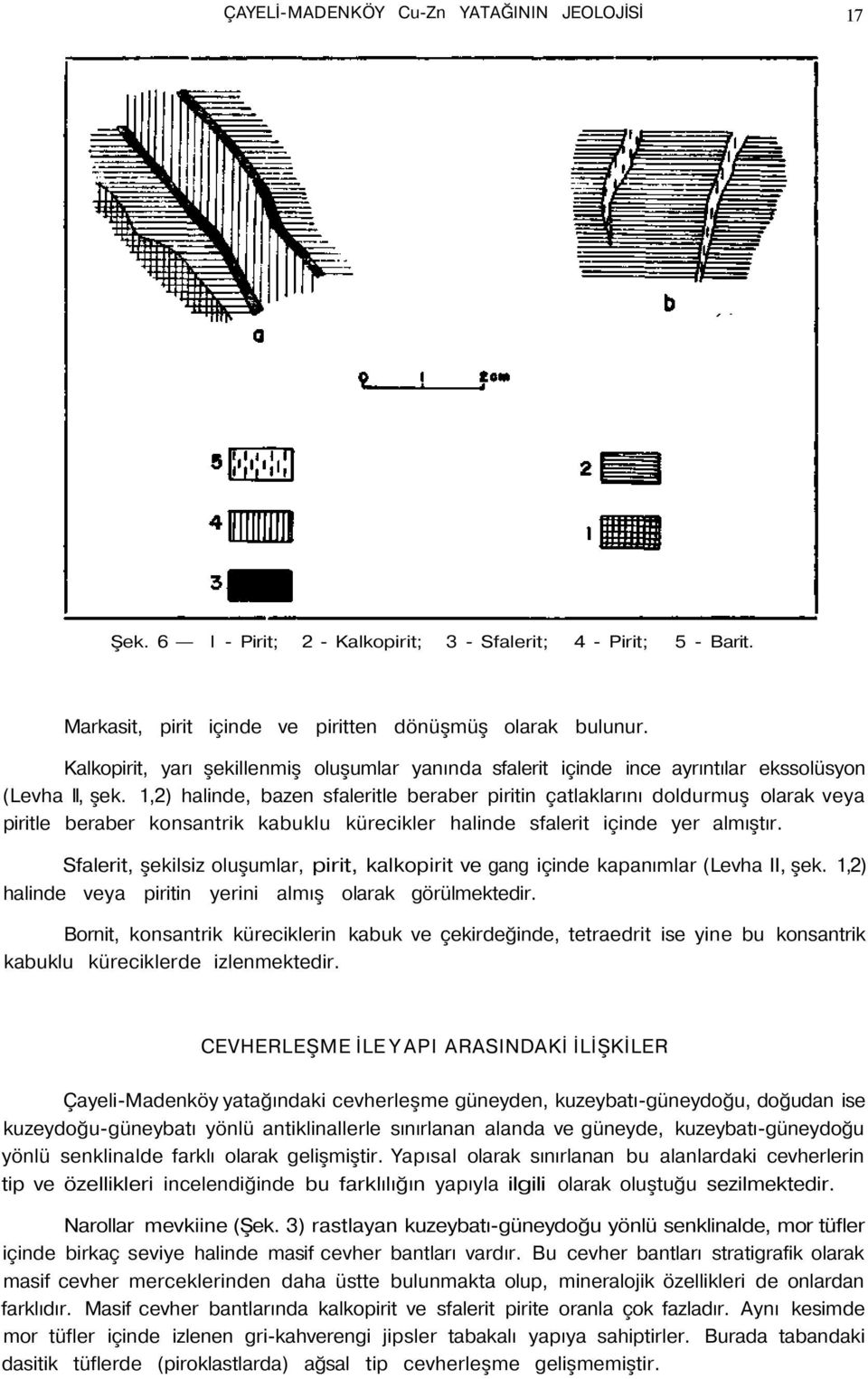 1,2) halinde, bazen sfaleritle beraber piritin çatlaklarını doldurmuş olarak veya piritle beraber konsantrik kabuklu kürecikler halinde sfalerit içinde yer almıştır.