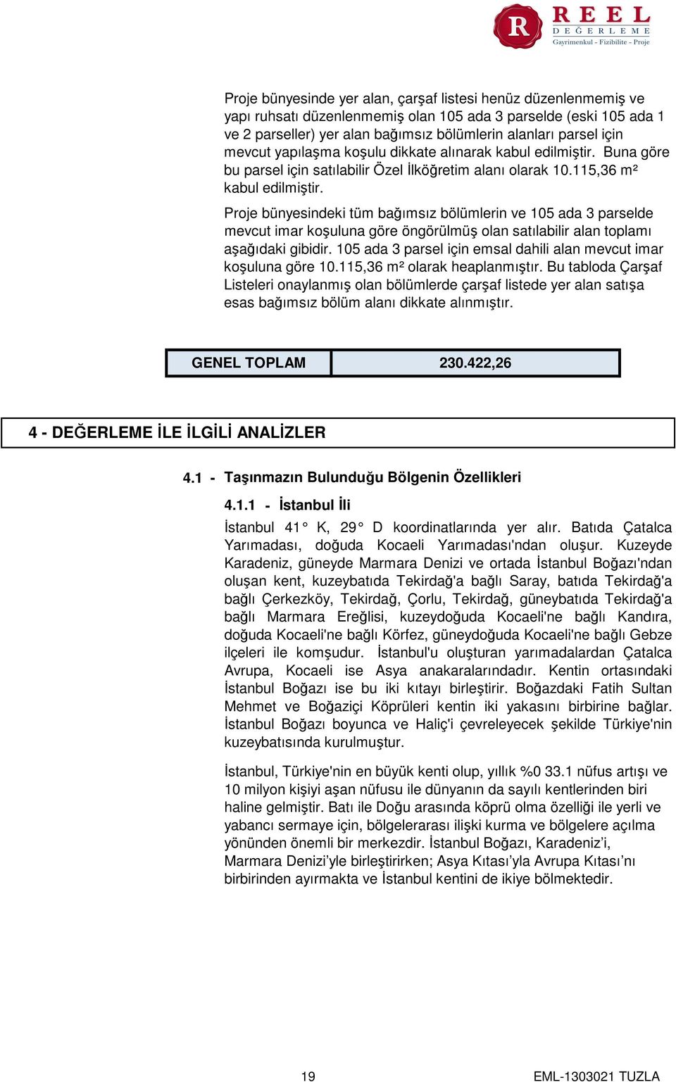 Proje bünyesindeki tüm bağımsız bölümlerin ve 105 ada 3 parselde mevcut imar koşuluna göre öngörülmüş olan satılabilir alan toplamı aşağıdaki gibidir.