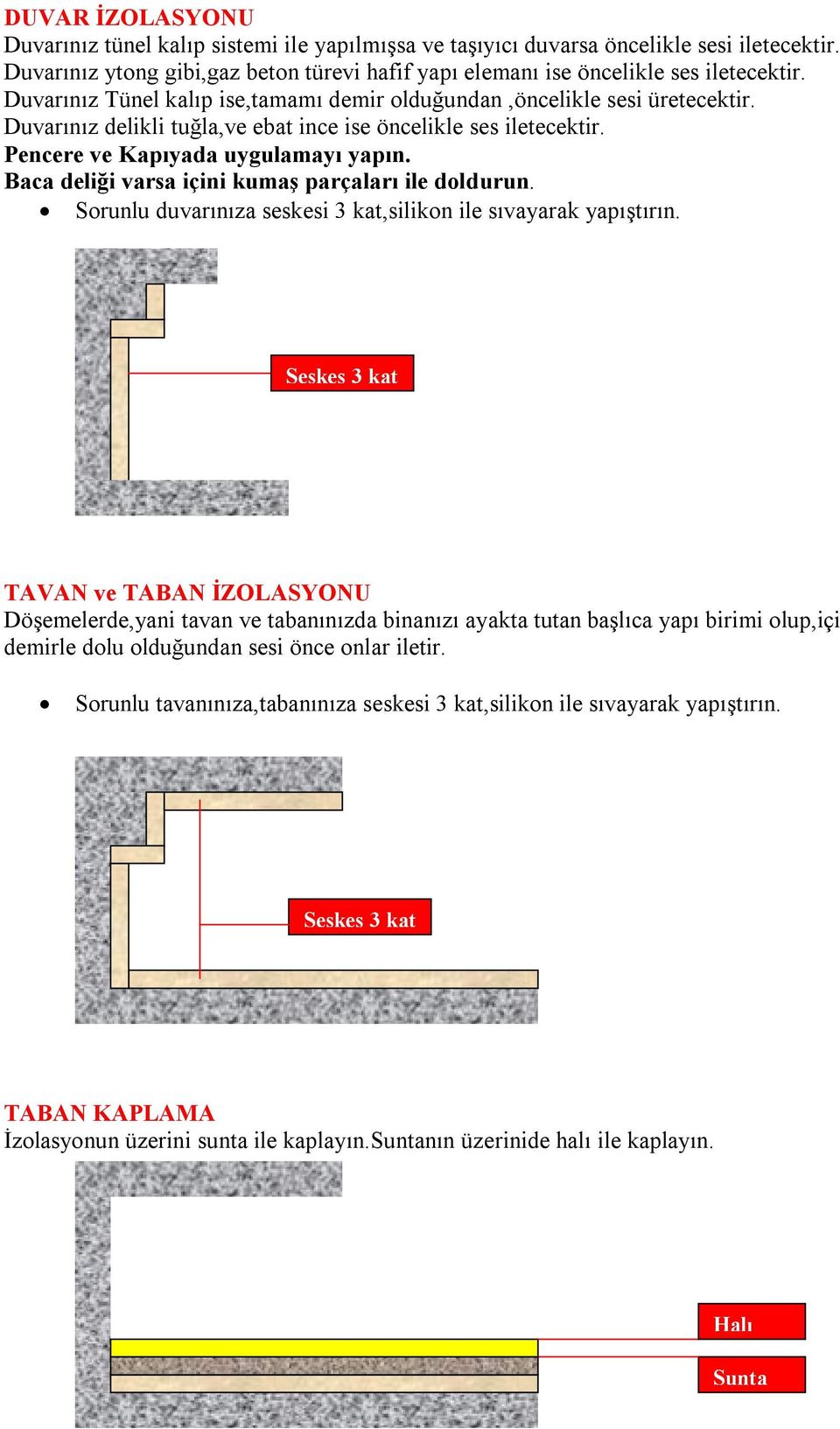 Baca deliği varsa içini kumaş parçaları ile doldurun. Sorunlu duvarınıza seskesi 3 kat,silikon ile sıvayarak yapıştırın.