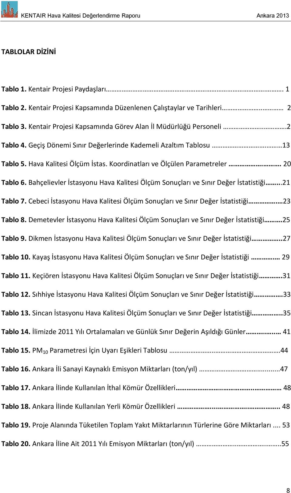 Koordinatları ve Ölçülen Parametreler.. 2 Tablo 6. Bahçelievler İstasyonu Hava Kalitesi Ölçüm Sonuçları ve Sınır Değer İstatistiği...21 Tablo 7.