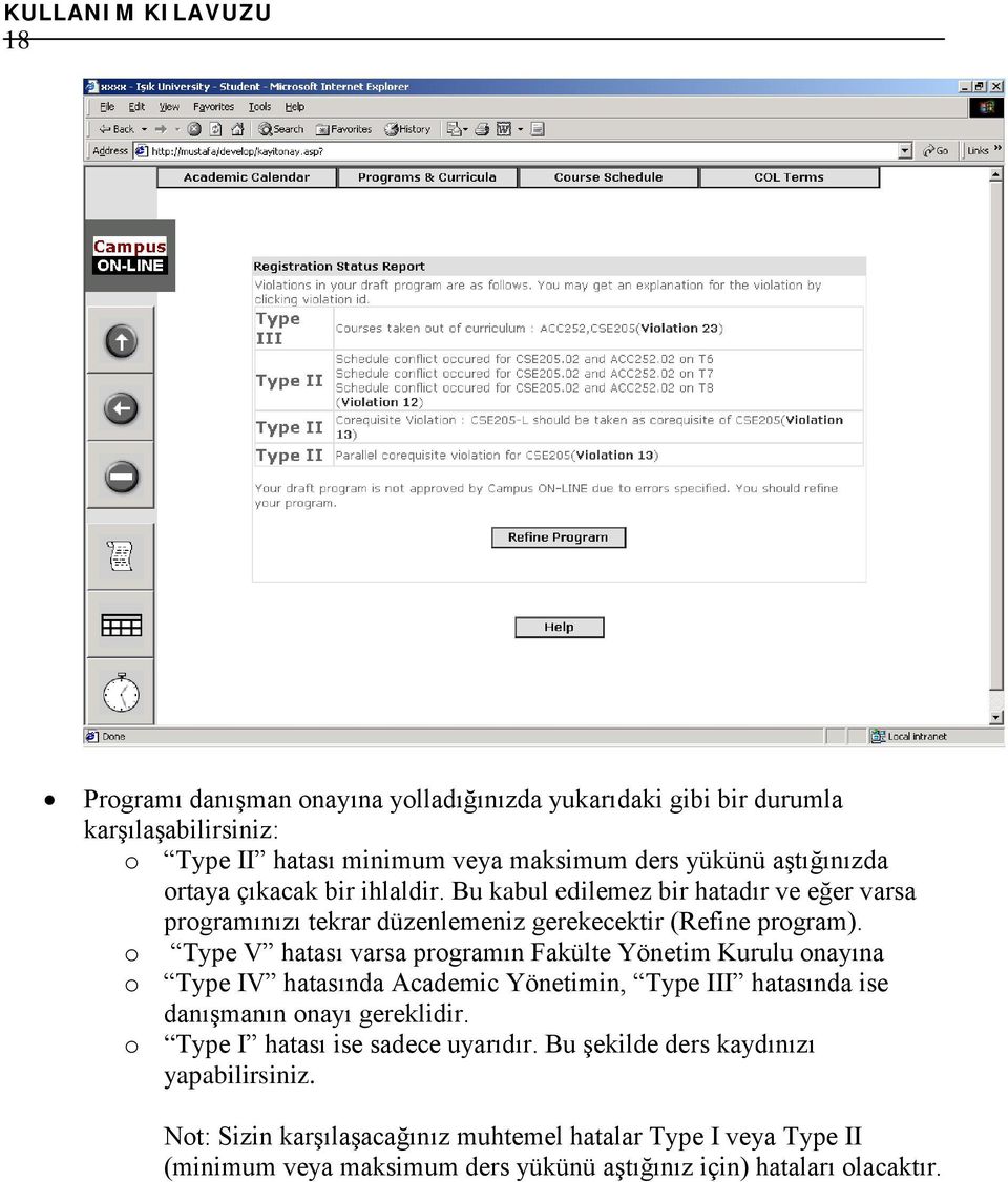 o Type V hatası varsa programın Fakülte Yönetim Kurulu onayına o Type IV hatasında Academic Yönetimin, Type III hatasında ise danışmanın onayı gereklidir.