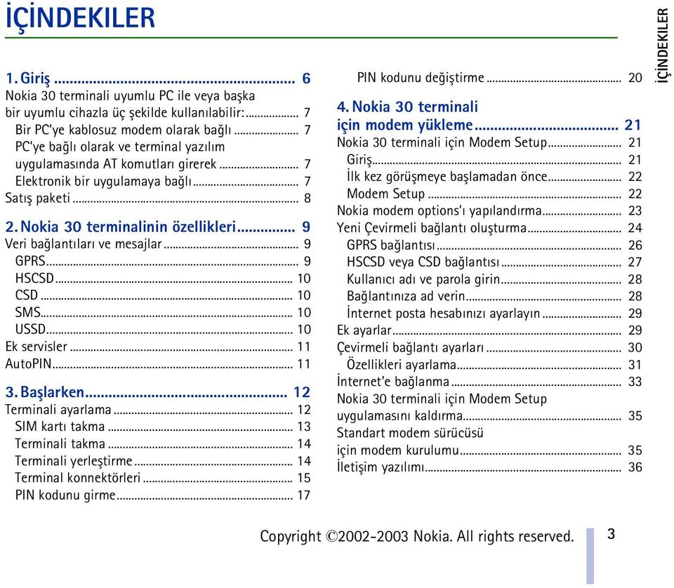 .. 9 Veri baðlantýlarý ve mesajlar... 9 GPRS... 9 HSCSD... 10 CSD... 10 SMS... 10 USSD... 10 Ek servisler... 11 AutoPIN... 11 3. Baþlarken... 12 Terminali ayarlama... 12 SIM kartý takma.