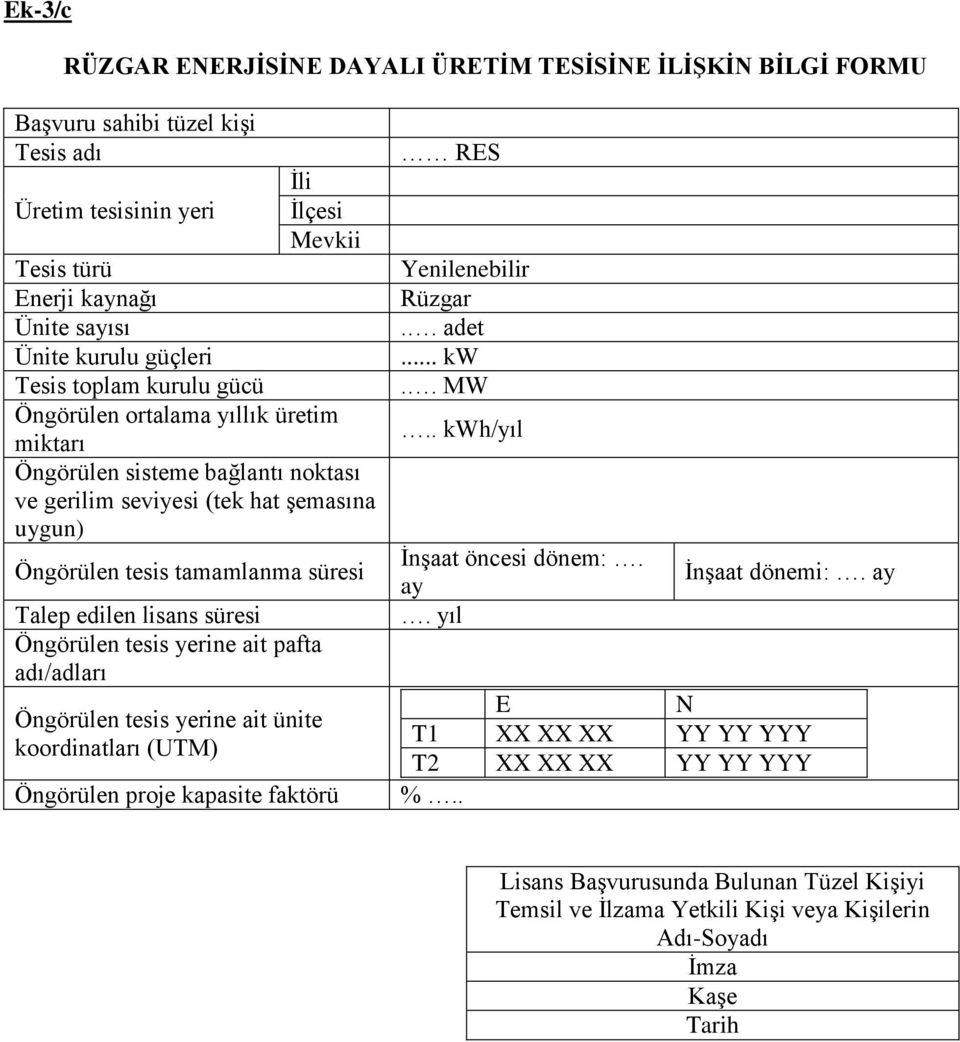 edilen lisans süresi Öngörülen tesis yerine ait pafta adı/adları Öngörülen tesis yerine ait ünite koordinatları (UTM) Öngörülen proje kapasite faktörü RES Yenilenebilir Rüzgar.. adet... kw.. MW.