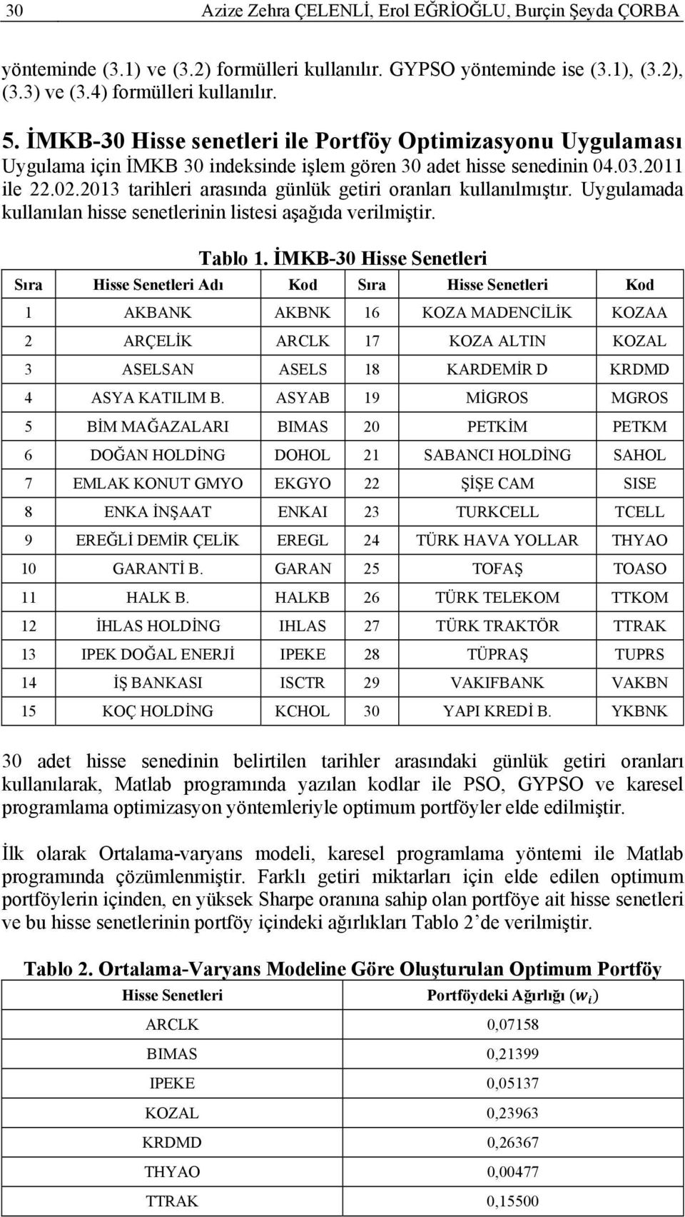 2013 tarihleri arasında günlük getiri oranları kullanılmıştır. Uygulamada kullanılan hisse senetlerinin listesi aşağıda verilmiştir. Tablo 1.