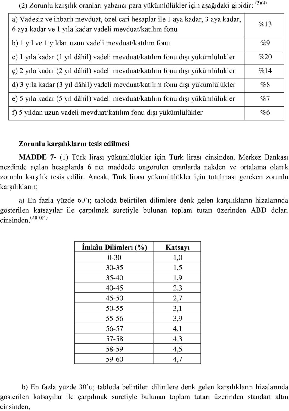 vadeli mevduat/katılım fonu dışı yükümlülükler %14 d) 3 yıla kadar (3 yıl dâhil) vadeli mevduat/katılım fonu dışı yükümlülükler %8 e) 5 yıla kadar (5 yıl dâhil) vadeli mevduat/katılım fonu dışı