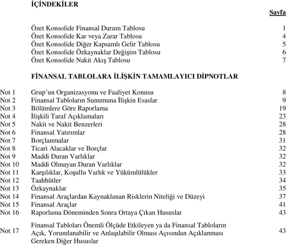 Göre Raporlama 19 Not 4 İlişkili Taraf Açıklamaları 23 Not 5 Nakit ve Nakit Benzerleri 28 Not 6 Finansal Yatırımlar 28 Not 7 Borçlanmalar 31 Not 8 Ticari Alacaklar ve Borçlar 32 Not 9 Maddi Duran