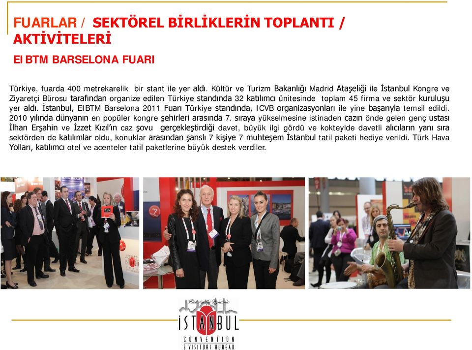 İstanbul, EIBTM Barselona 2011 Fuarı Türkiye standında, ICVB organizasyonları ile yine başarıyla temsil edildi. 2010 yılında dünyanın en popüler kongre şehirleri arasında 7.