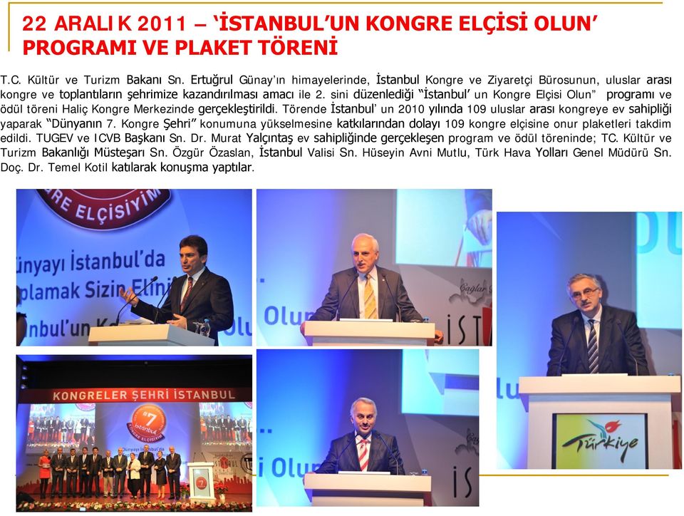 sini düzenlediği İstanbul un Kongre Elçisi Olun programı ve ödül töreni Haliç Kongre Merkezinde gerçekleştirildi.
