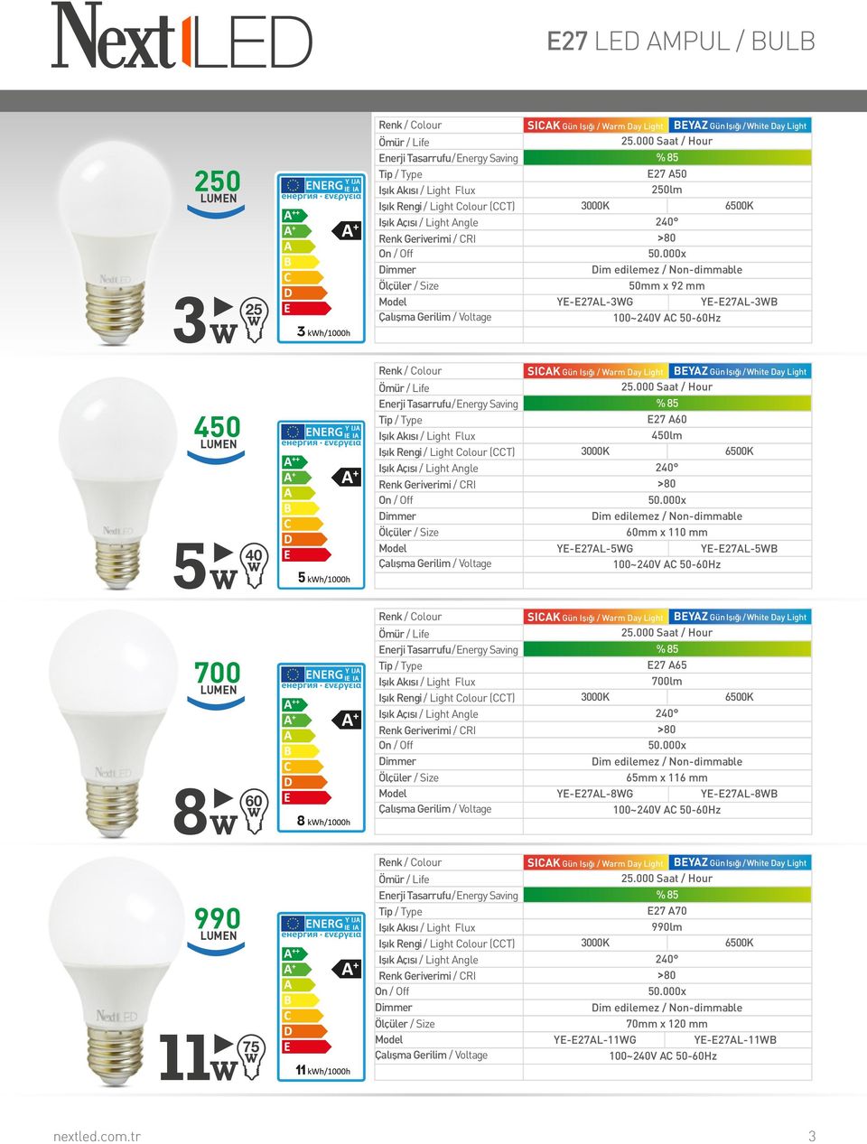 x 110 mm YE-E27AL-5G YE-E27AL-5B SICAK Gün Işığı / arm Day Light BEYAZ Gün Işığı /hite Day Light E27 A65 700lm 6500K 240 65mm x 116 mm