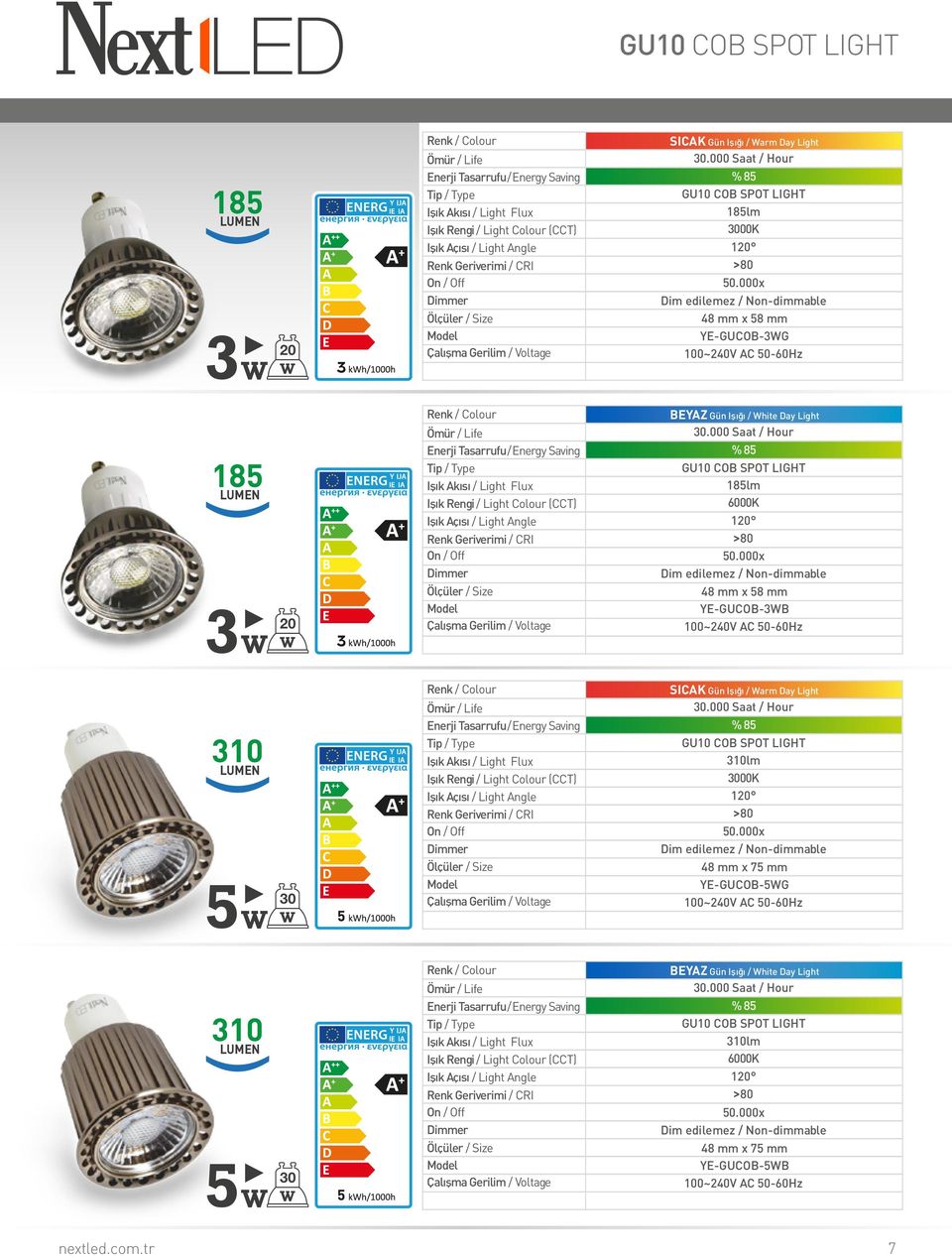 000 Saat / Hour GU10 COB SPOT LIGHT 185lm 6000K 120 48 mm x 58 mm YE-GUCOB-3B 310 5 30 SICAK Gün Işığı / arm Day Light 30.