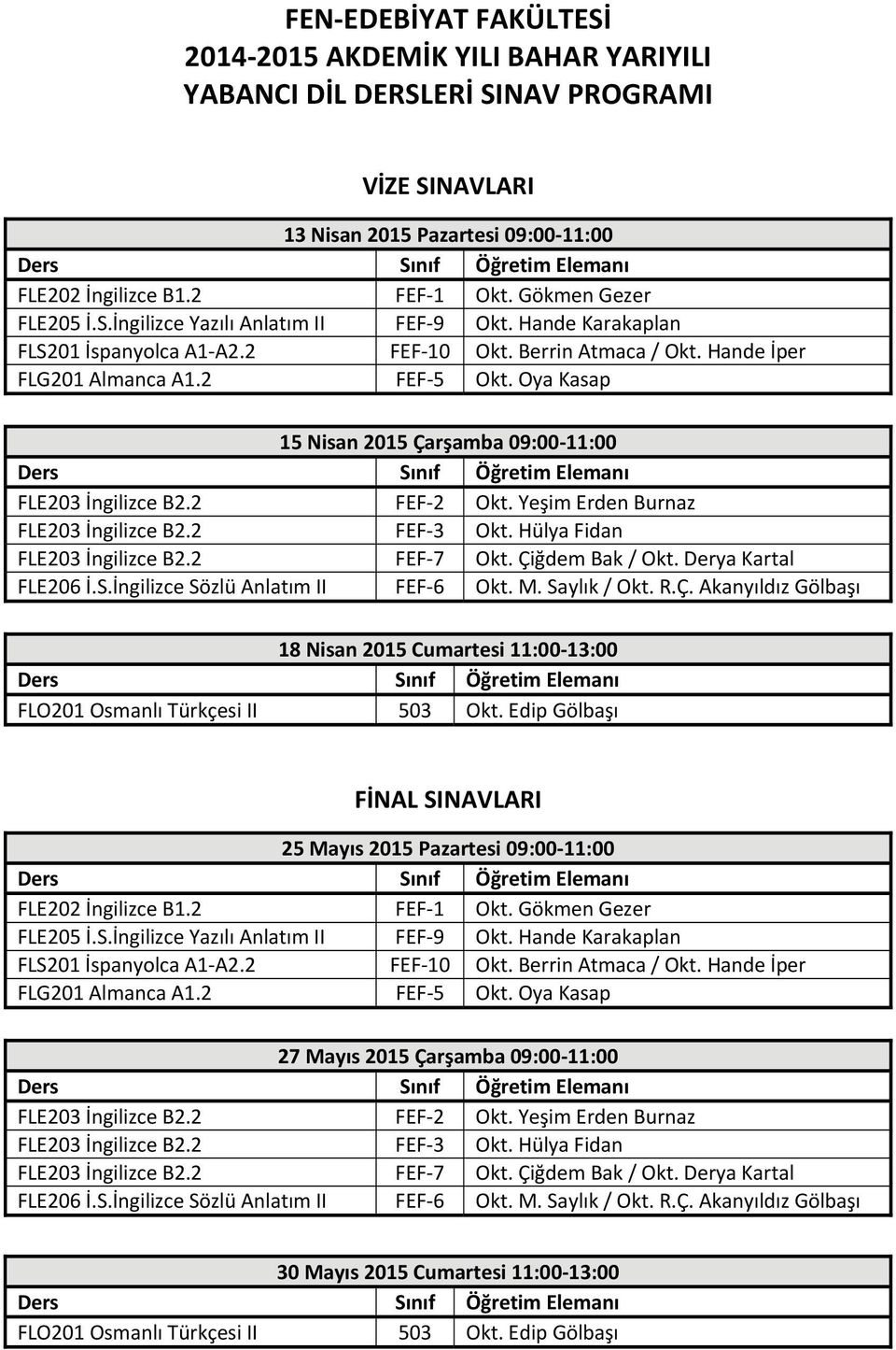 Yeşim Erden Burnaz FLE203 İngilizce B2.2 FEF 3 Okt. Hülya Fidan FLE203 İngilizce B2.2 FEF 7 Okt. Çi