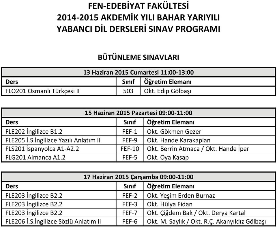 Hande İper FLG201 Almanca A1.2 FEF 5 Okt. Oya Kasap 17 Haziran 2015 Çarşamba 09:00 11:00 FLE203 İngilizce B2.2 FEF 2 Okt.