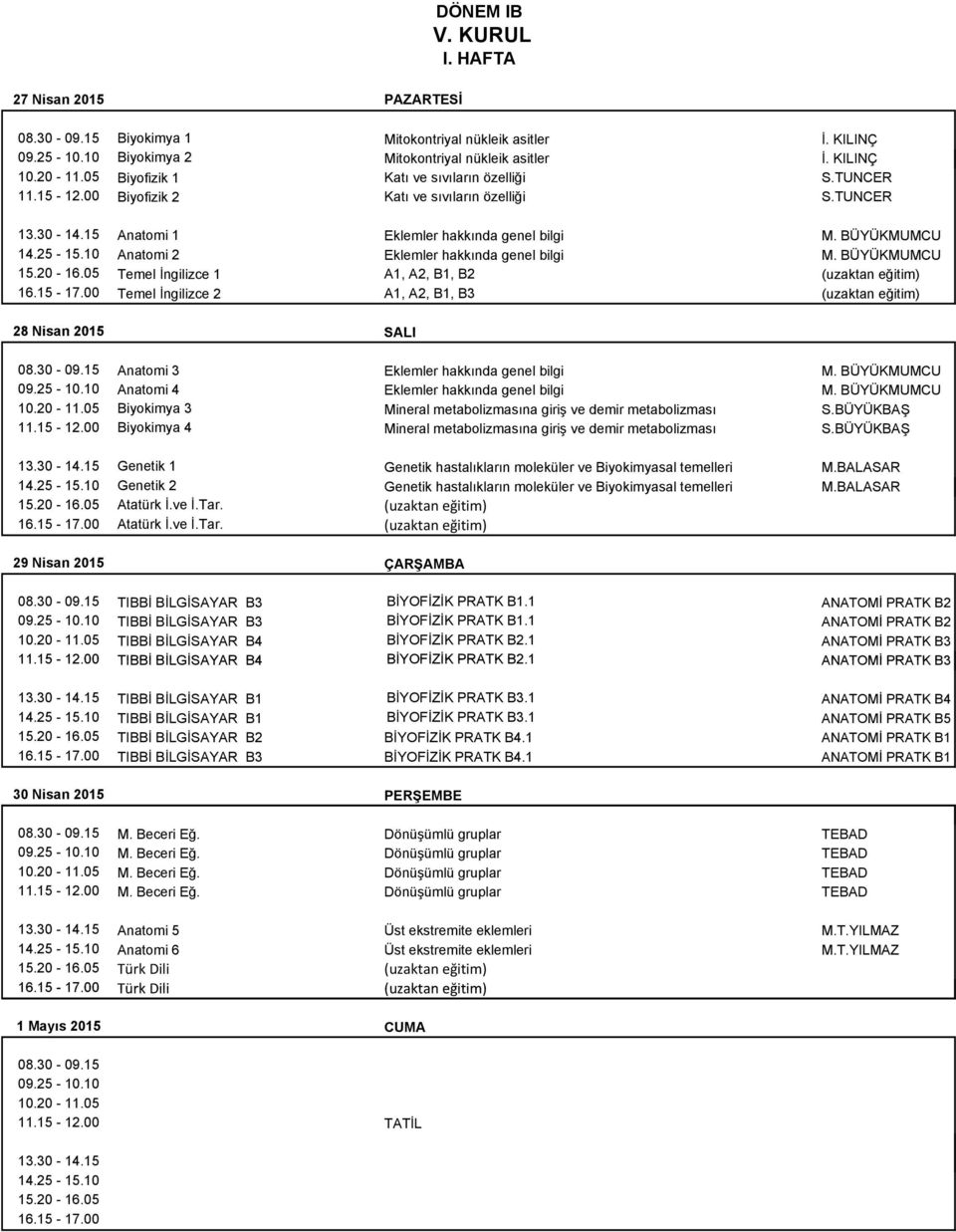 BÜYÜKMUMCU Temel İngilizce 1 A1, A2, B1, B2 (uzaktan eğitim) Temel İngilizce 2 A1, A2, B1, B3 (uzaktan eğitim) 28 Nisan 2015 SALI Anatomi 3 Eklemler hakkında genel bilgi M.