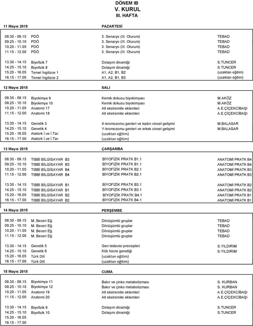 TUNCER Temel İngilizce 1 A1, A2, B1, B2 (uzaktan eğitim) Temel İngilizce 2 A1, A2, B1, B3 (uzaktan eğitim) 12 Mayıs 2015 SALI Biyokimya 9 Kemik dokusu biyokimyası M.