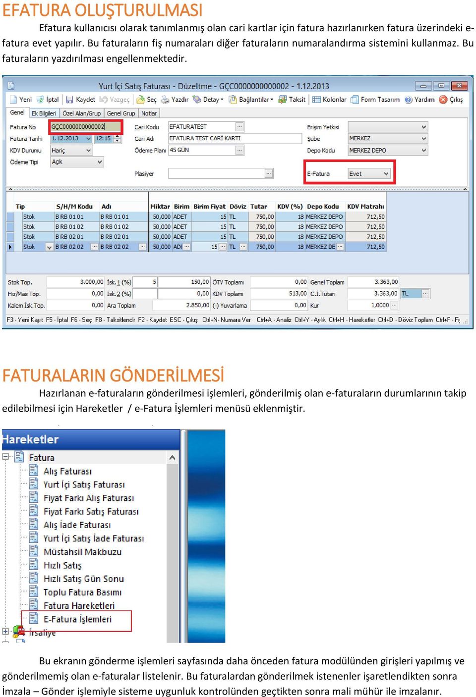 FATURALARIN GÖNDERİLMESİ Hazırlanan e-faturaların gönderilmesi işlemleri, gönderilmiş olan e-faturaların durumlarının takip edilebilmesi için Hareketler / e-fatura İşlemleri menüsü