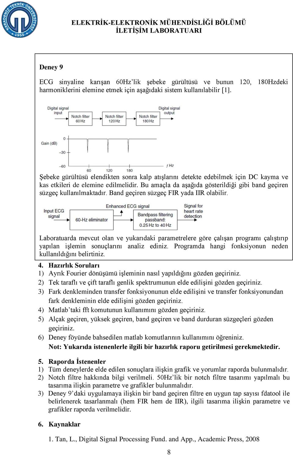 Band geçiren süzgeç FIR yada IIR olabilir. Laboratuarda mevcut olan ve yukarıdaki parametrelere göre çalışan programı çalıştırıp yapılan işlem sonuçlarını analiz ediz.