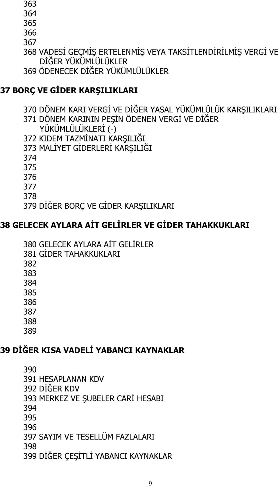 379 DĠĞER BORÇ VE GĠDER KARġILIKLARI 38 GELECEK AYLARA AĠT GELĠRLER VE GĠDER TAHAKKUKLARI 380 GELECEK AYLARA AĠT GELĠRLER 381 GĠDER TAHAKKUKLARI 382 383 384 385 386 387 388 389 39 DĠĞER