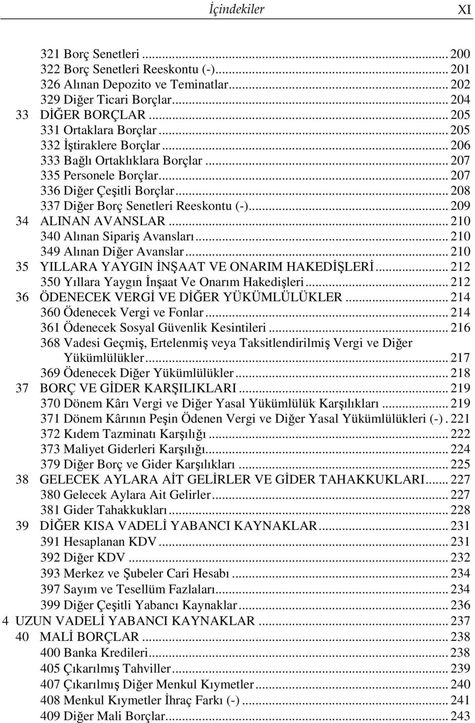 .. 209 34 ALINAN AVANSLAR... 210 340 Alınan Sipariş Avansları... 210 349 Alınan Diğer Avanslar... 210 35 YILLARA YAYGIN İNŞAAT VE ONARIM HAKEDİŞLERİ.