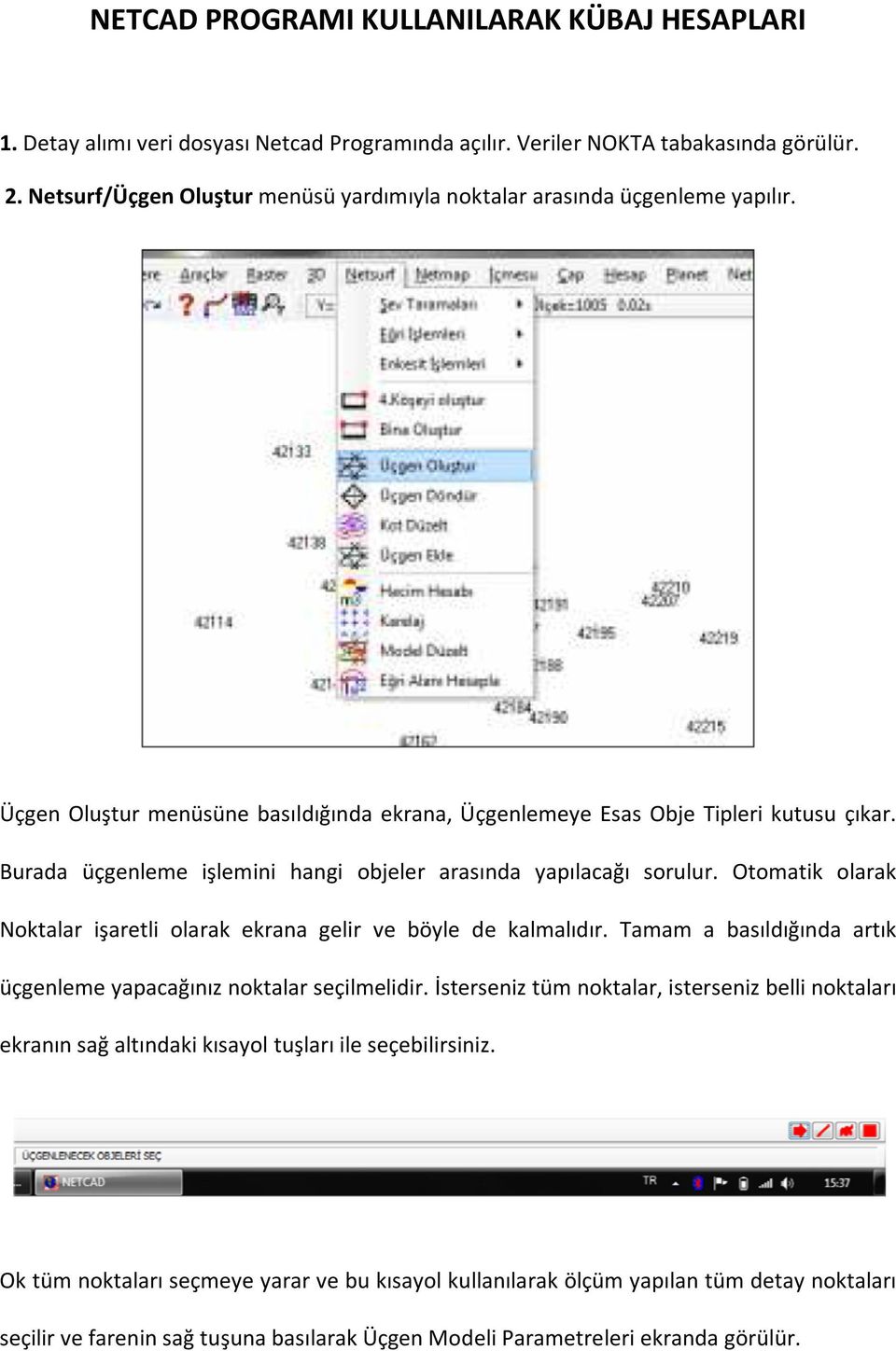 Burada üçgenleme işlemini hangi objeler arasında yapılacağı sorulur. Otomatik olarak Noktalar işaretli olarak ekrana gelir ve böyle de kalmalıdır.