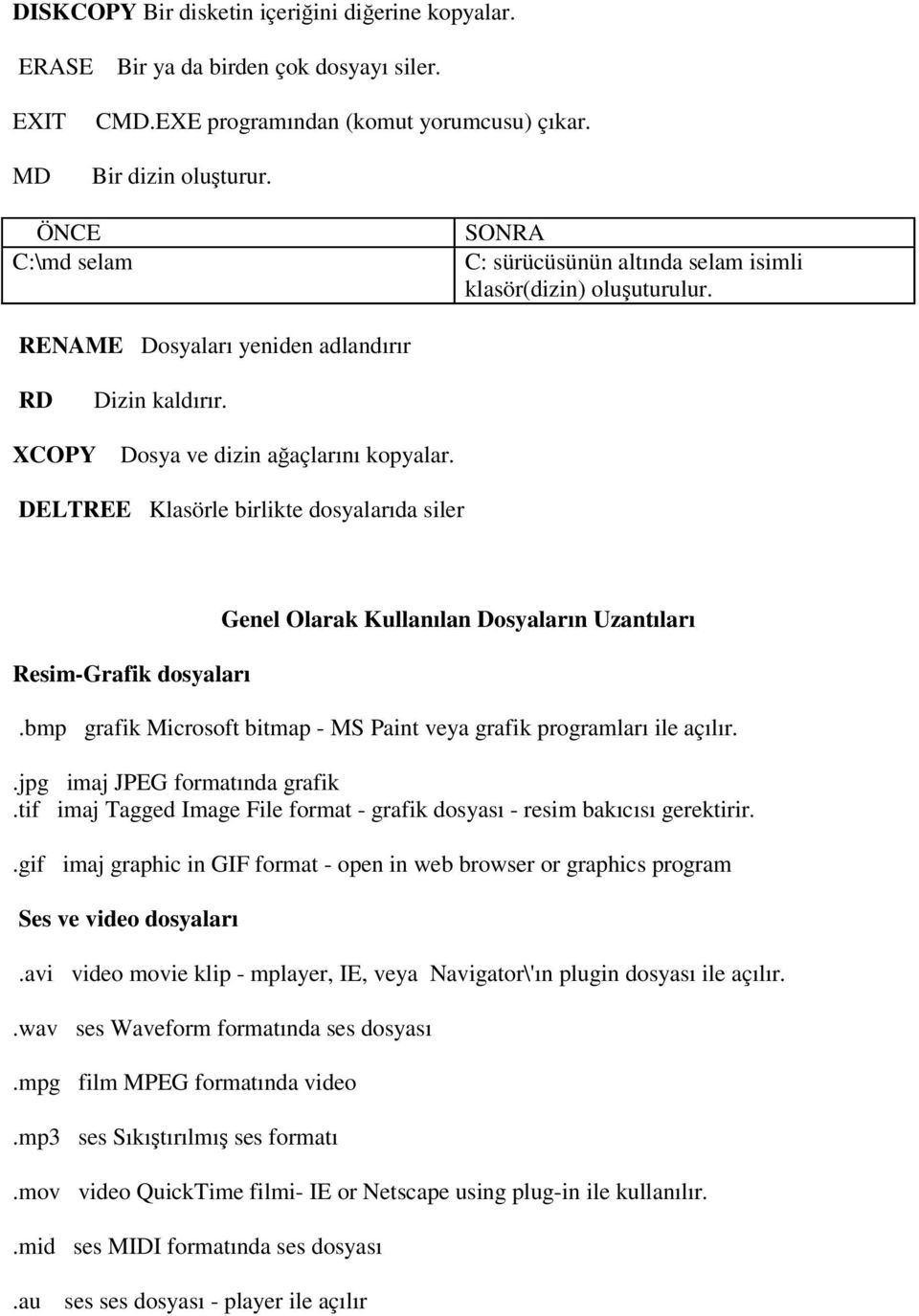 DELTREE Klasörle birlikte dosyalarıda siler Resim-Grafik dosyaları Genel Olarak Kullanılan Dosyaların Uzantıları.bmp grafik Microsoft bitmap - MS Paint veya grafik programları ile açılır.