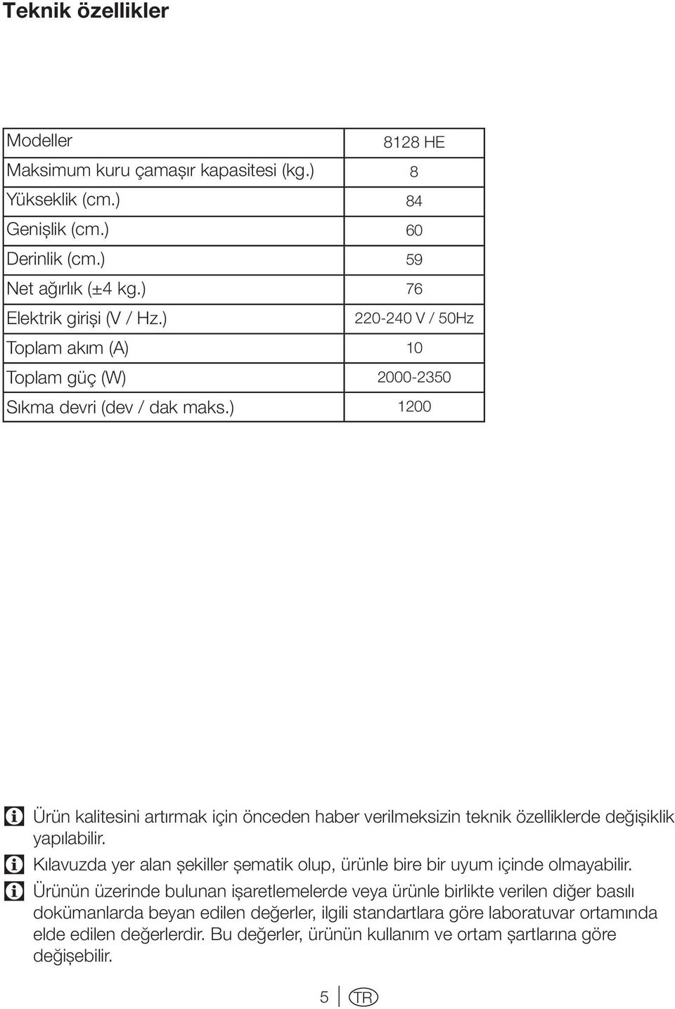 ) 8128 HE 8 84 60 59 76 220-240 V / 50Hz 10 2000-2350 1200 Ürün kalitesini artırmak için önceden haber verilmeksizin teknik özelliklerde değişiklik yapılabilir.