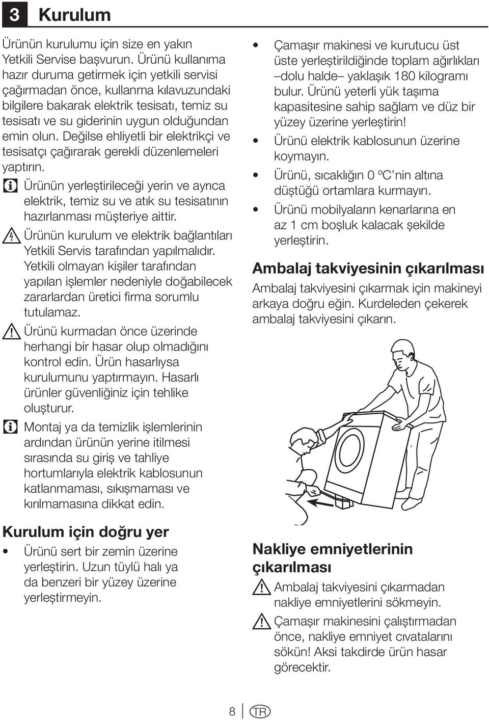 Değilse ehliyetli bir elektrikçi ve tesisatçı çağırarak gerekli düzenlemeleri yaptırın. Ürünün yerleştirileceği yerin ve ayrıca elektrik, temiz su ve atık su tesisatının hazırlanması müşteriye aittir.