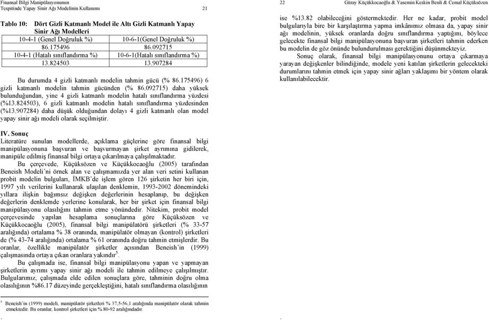 modelin ahmin gücünden (% 86092715) daha yüksek bulunduğundan, yine 4 gizli kamanlı modelin haalı sınıflandırma yüzdesi (%13824503), 6 gizli kamanlı modelin haalı sınıflandırma yüzdesinden