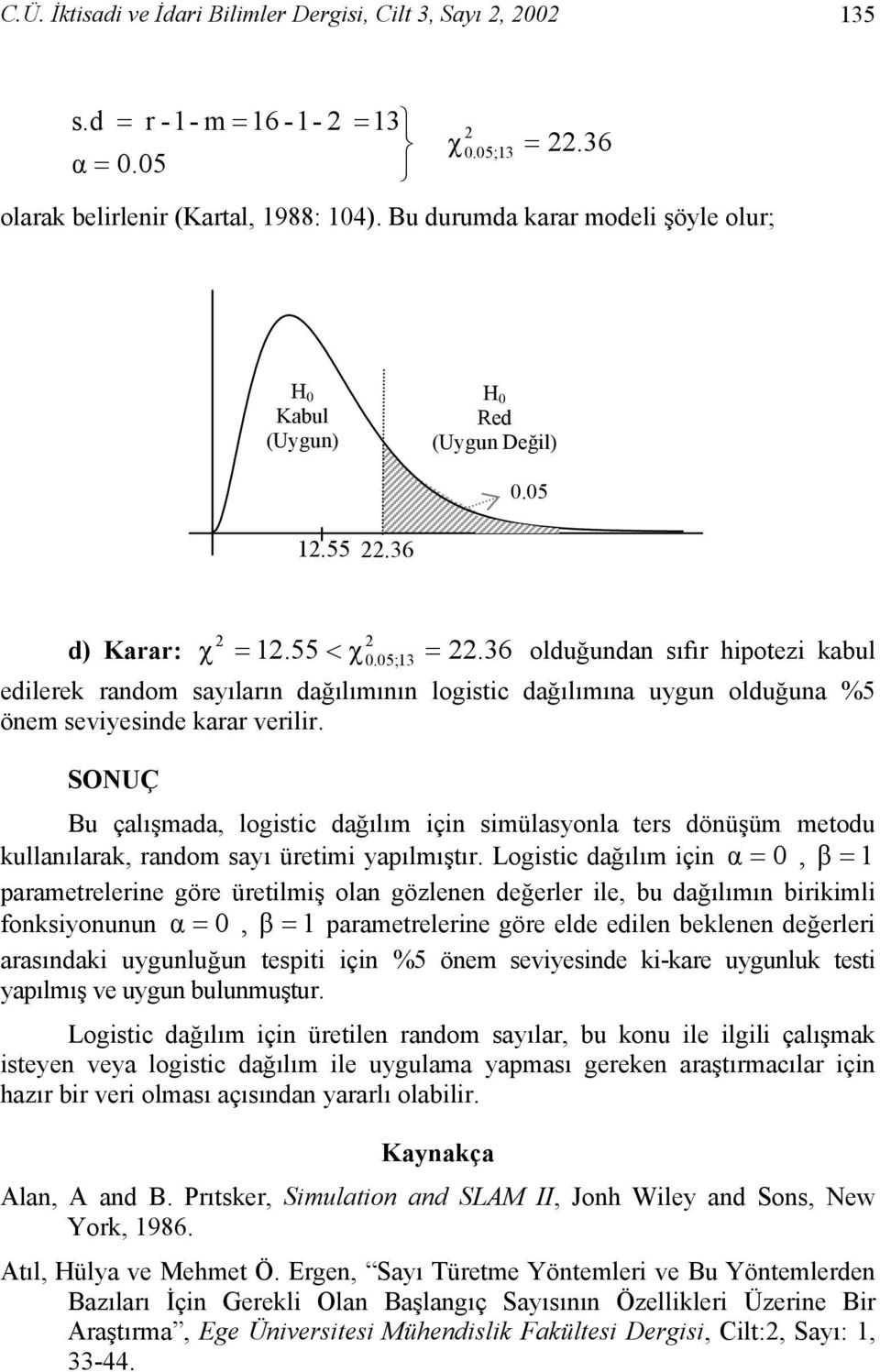 36 olduğundan sıfır hipotezi kabul edilerek random sayıların dağılımının logistic dağılımına uygun olduğuna %5 önem seviyesinde karar verilir.