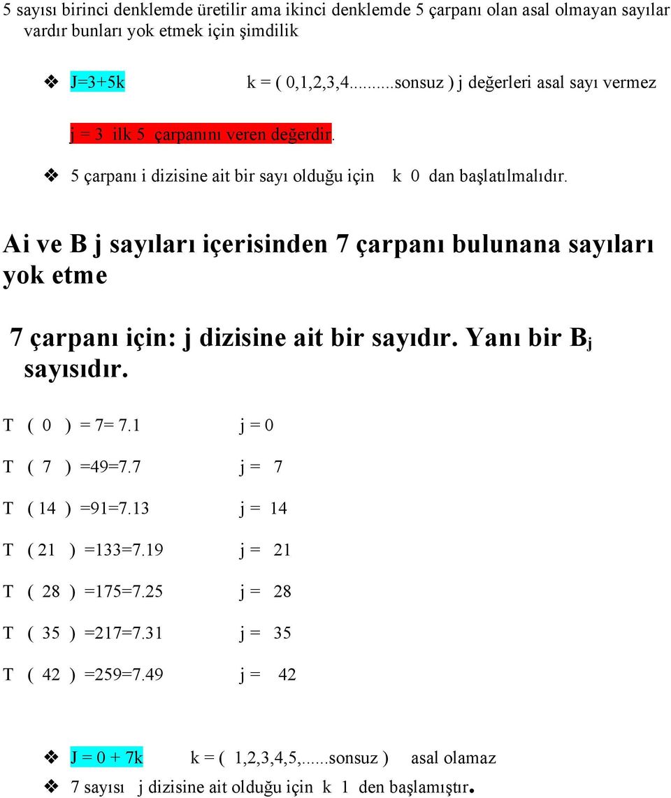 Ai ve B j sayıları içerisinden 7 çarpanı bulunana sayıları yok etme 7 çarpanı için: j dizisine ait bir sayıdır. Yanı bir B j sayısıdır. T ( 0 ) = 7= 7.1 j = 0 T ( 7 ) =49=7.