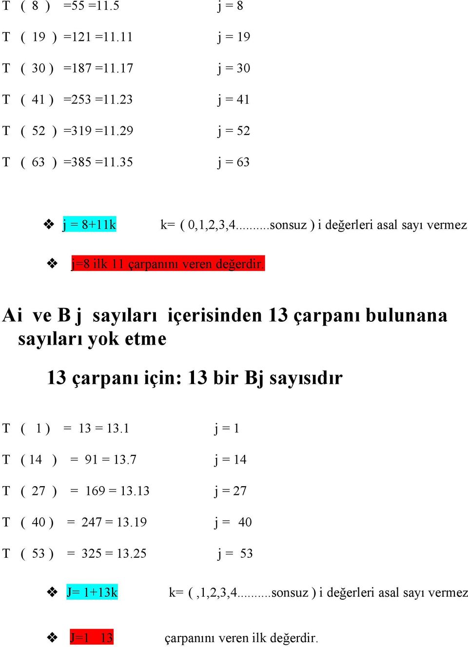 Ai ve B j sayıları içerisinden 13 çarpanı bulunana sayıları yok etme 13 çarpanı için: 13 bir Bj sayısıdır T ( 1 ) = 13 = 13.1 j = 1 T ( 14 ) = 91 = 13.