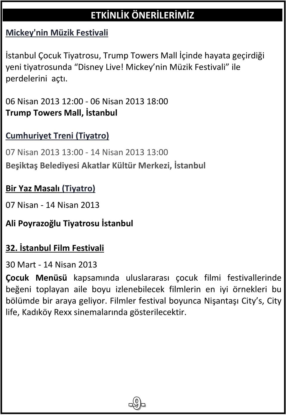06 Nisan 2013 12:00-06 Nisan 2013 18:00 Trump Towers Mall, İstanbul Cumhuriyet Treni (Tiyatro) 07 Nisan 2013 13:00-14 Nisan 2013 13:00 Beşiktaş Belediyesi Akatlar Kültür Merkezi, İstanbul Bir
