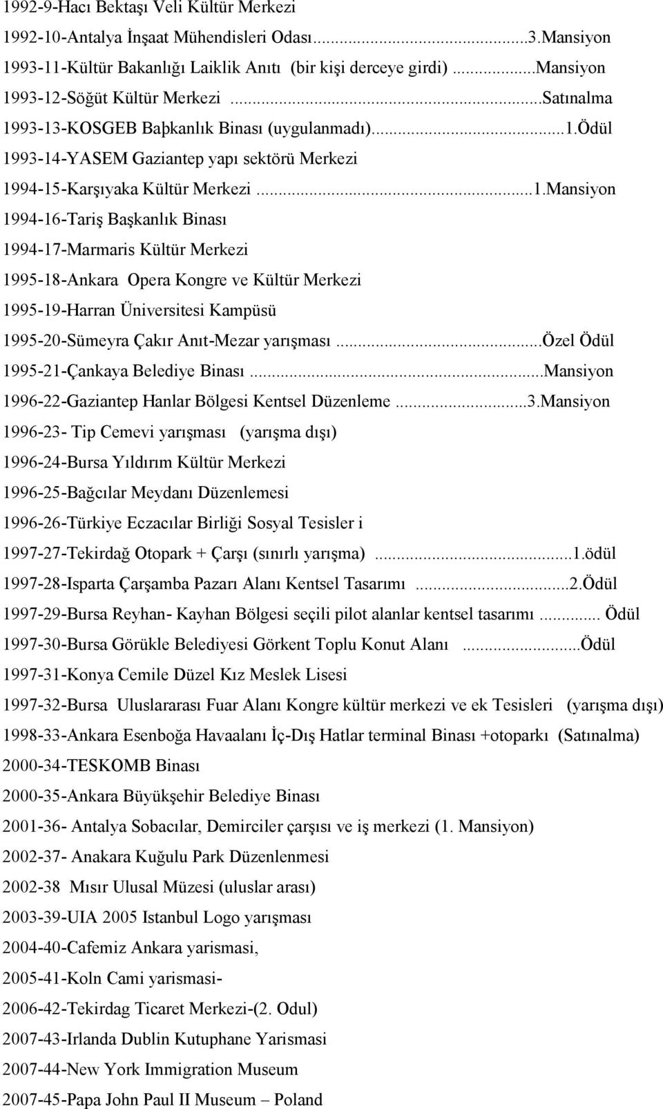 93-13-KOSGEB Baþkanlık Binası (uygulanmadı)...1.ödül 1993-14-YASEM Gaziantep yapı sektörü Merkezi 1994-15-Karşıyaka Kültür Merkezi...1.Mansiyon 1994-16-Tariş Başkanlık Binası 1994-17-Marmaris Kültür