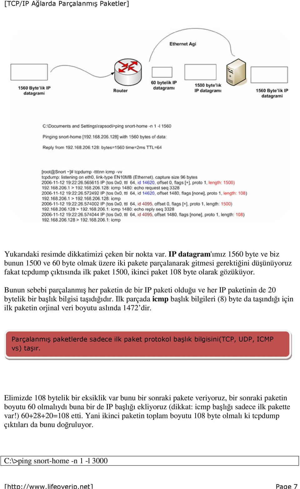 gözüküyor. Bunun sebebi parçalanmış her paketin de bir IP paketi olduğu ve her IP paketinin de 20 bytelik bir başlık bilgisi taşıdığıdır.