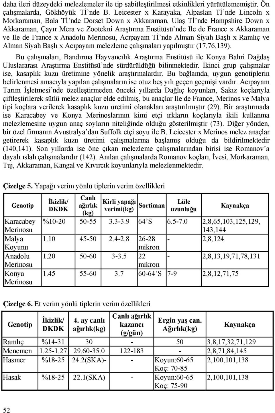 Akkaraman ve Ile de France x Anadolu Merinosu, Acıpayam Tİ nde Alman Siyah Başlı x Ramlıç ve Alman Siyah Başlı x Acıpayam melezleme çalışmaları yapılmıştır (17,76,139).