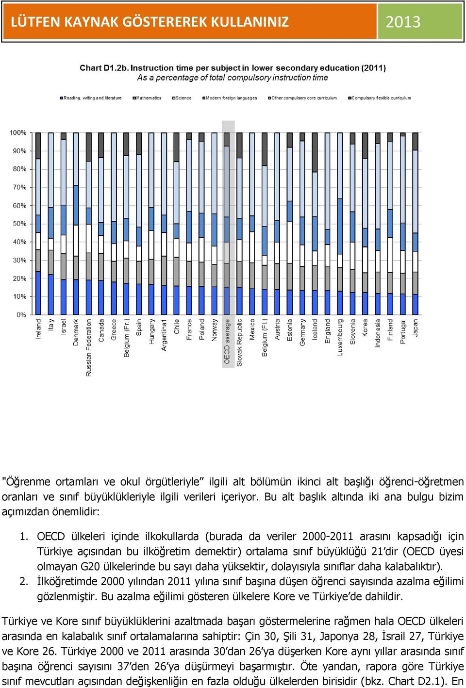 OECD ülkeleri içinde ilkokullarda (burada da veriler 2000-2011 arasını kapsadığı için Türkiye açısından bu ilköğretim demektir) ortalama sınıf büyüklüğü 21 dir (OECD üyesi olmayan G20 ülkelerinde bu