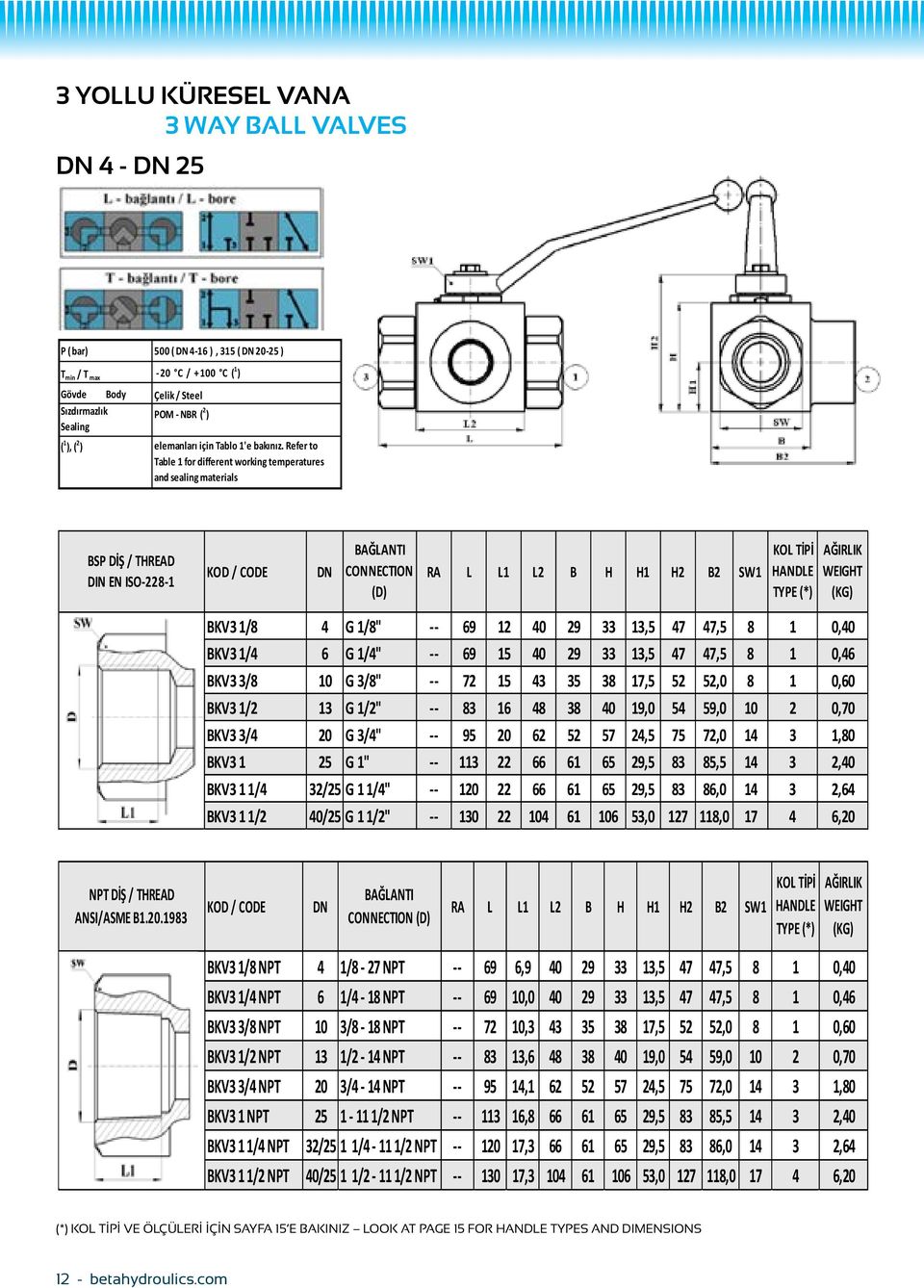 Refer to Table 1 for different working temperatures and sealing materials BSP DİŞ / THREAD DIN EN ISO-228-1 DN CONNECTION (D) RA L L1 L2 B H H1 H2 B2 SW1 BKV3 1/8 4 G 1/8" -- 69 12 40 29 33 13,5 47
