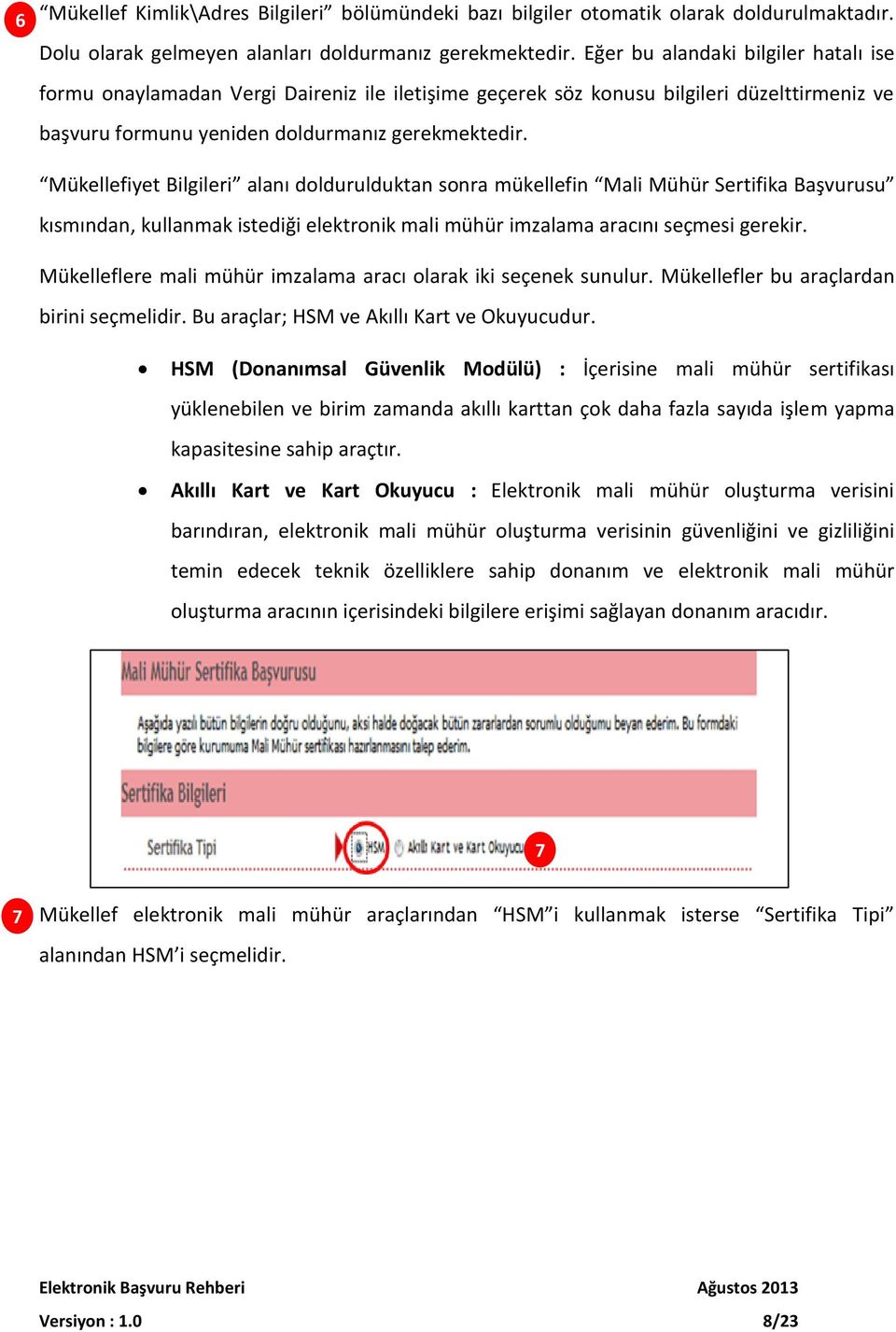 Mükellefiyet Bilgileri alanı doldurulduktan sonra mükellefin Mali Mühür Sertifika Başvurusu kısmından, kullanmak istediği elektronik mali mühür imzalama aracını seçmesi gerekir.